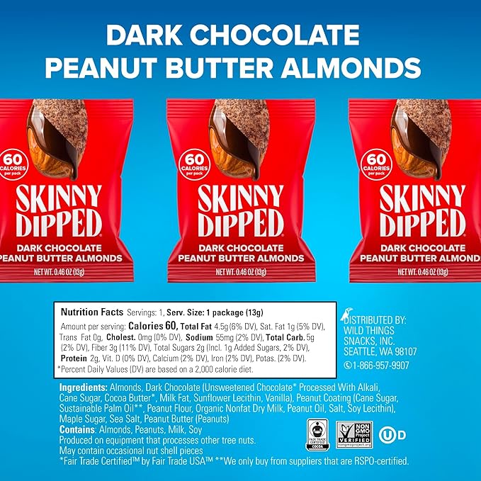 SkinnyDipped Snack Attack Minis Almond Variety Pack Healthy Snack Plant Protein Gluten Free 0.46 oz Mini Bags Pack of 25