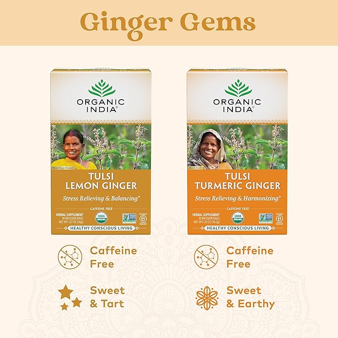 Organic India Tulsi Lemon Ginger Herbal Tea - Stress Relieving &amp Reviving Immune Support Aids Digestion Vegan USDA Certified Organic Non-GMO Caffeine-Free - 18 Infusion Bags 3 Pack