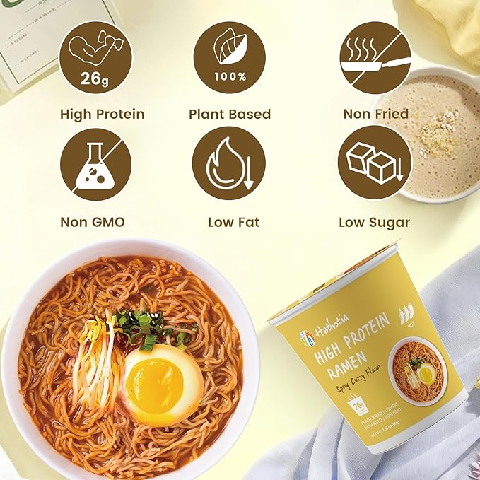 Hethstia High Protein (26g) Ramen Cup Noodles Spicy Curry Flavor 6 Count Plant Based Vegan Noodle Soup Non Fried Low Sugar Low Fat Ready to Eat Healthy Asian Meal &amp Holiday Gift