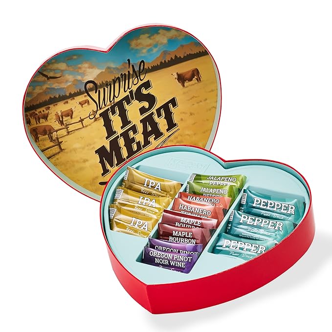 Man Crates Gift for Men – Meat Heart with 14 Beef &amp Pork Sticks – Heart-Shaped Meat Snack Box for Him Boyfriend Husband