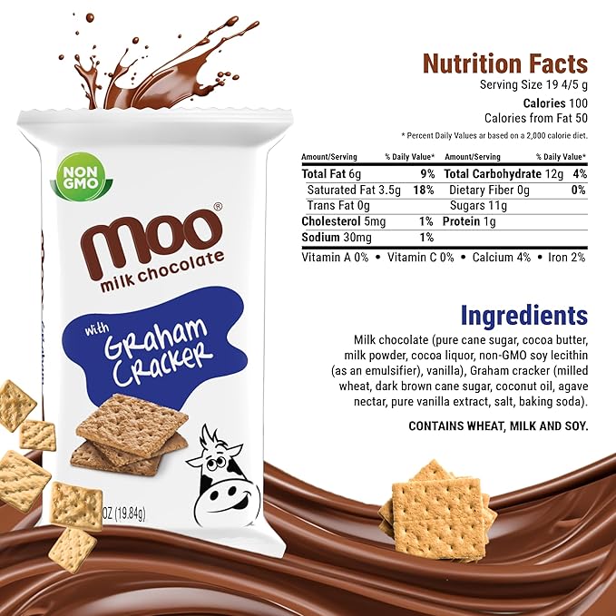 Moo Chocolates All Natural Milk Chocolate Mini Bars with Graham Cracker 0.7 oz 14 ct (Pack of 1) | 100 Calorie Snacks for On-the-Go Lunchboxes Office
