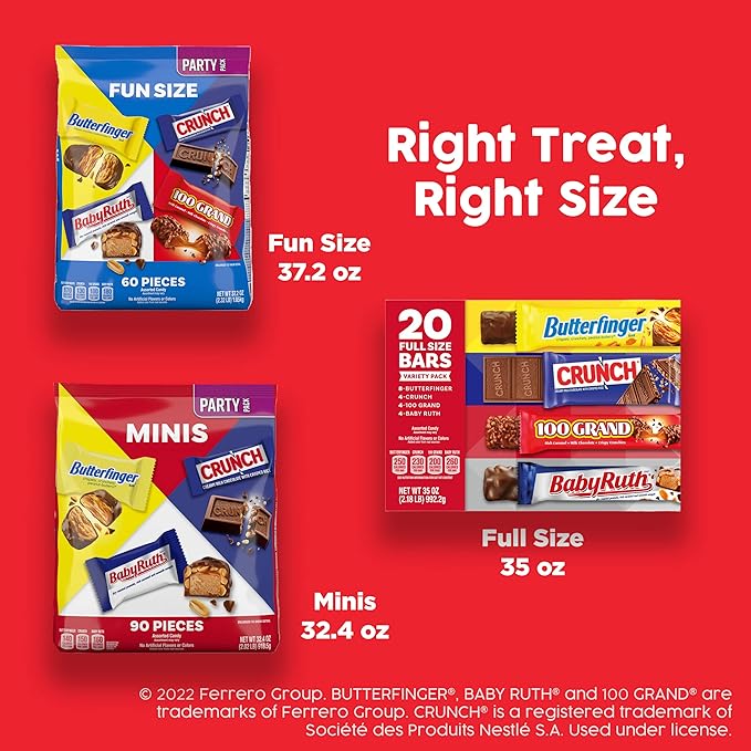 Butterfinger CRUNCH Baby Ruth and 100 Grand Bulk 28 Pack Assorted Full Size Chocolate Candy Bars 48 oz