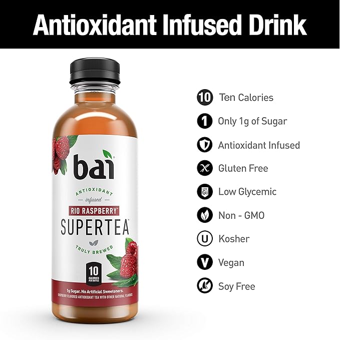 Bai Iced Tea Rio Raspberry Antioxidant Infused Supertea Crafted with Real Tea (Black Tea White Tea) 18 Fl Oz (Pack of 12)