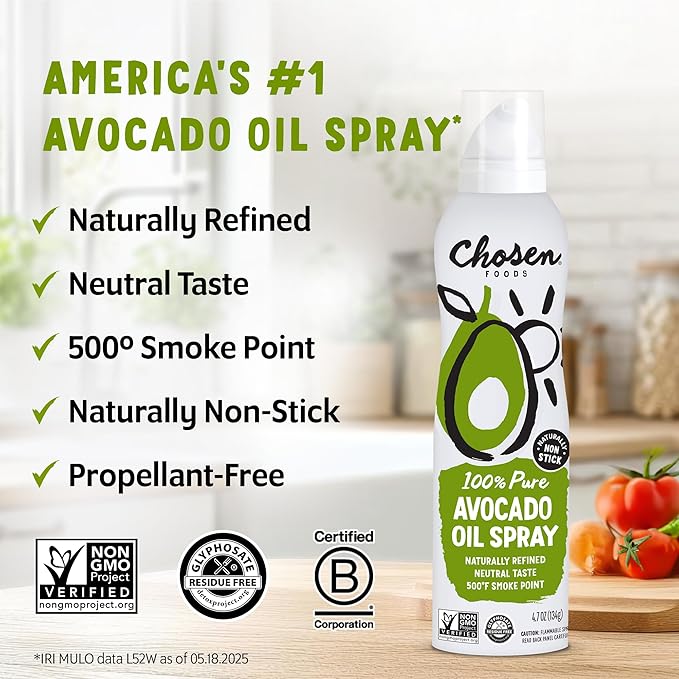 Chosen Foods 100% Pure Avocado Oil Spray Keto Diet Friendly Kosher Cooking Spray for Baking High-Heat Cooking and Frying (6 oz 3 Pack)