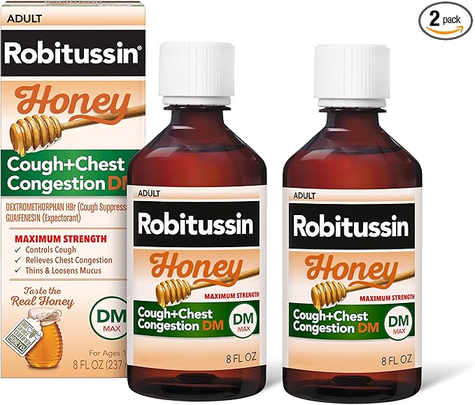 Robitussin Maximum Strength Honey Cough Plus Chest Congestion DM Cough Medicine for Cough and Chest Congestion Relief Made with Real Honey for Flavor - 8 Fl Oz x 2