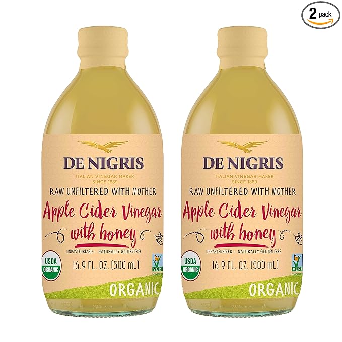 De Nigris Organic Apple Cider Vinegar With Honey Raw &amp Unfiltered 169 Oz (Pack of 2) | Apple Cider Vinegar With Mother For The Balance Of Metabolism Organic