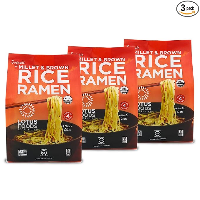 Lotus Foods Organic Millet &amp Brown Rice Ramen - Gluten Free Ramen Noodles Whole Grain Ramen Noodles Organic Vegan Ramen Low Sodium Rice Noodles Organic Gluten-Free Vegan - 10 Oz Bags (Pack O