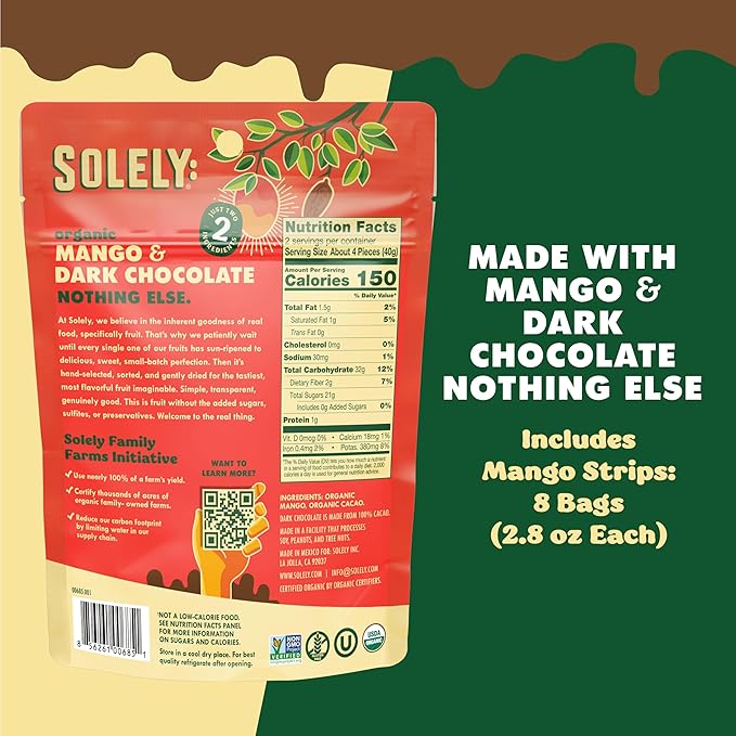 SOLELY - Organic Mango Chocolate Drizzled Strips (2.8 oz Resealable Bags Pack of 8) - Real Fresh Fruit - Healthy Snacks for Adults &amp Kids - Non GMO Vegan Snacks Shelf Stable - 8 Bags (22.4 oz)