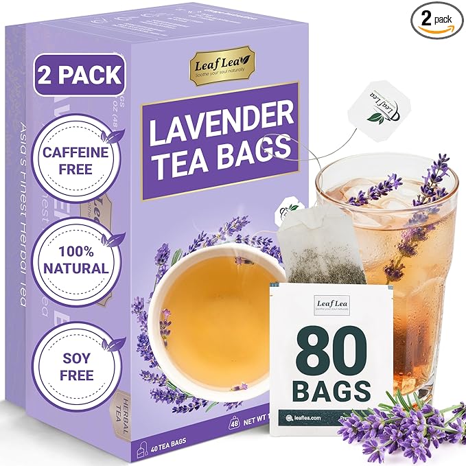 LeafLea 80 Premium Lavender Tea Bags 100% Natural &amp Pure from Lavender Flowers Nighttime Comfort &amp Digestive Support Floral Aroma and Smooth Taste Caffeine-Free Sugar-Free Individually W
