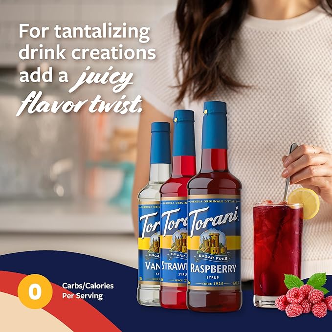 Torani Sugar Free Syrup Variety 3-Pack Strawberry Raspberry and Vanilla Zero-Calorie Syrups for Drinks Pumps Included 25.4 Oz Ea