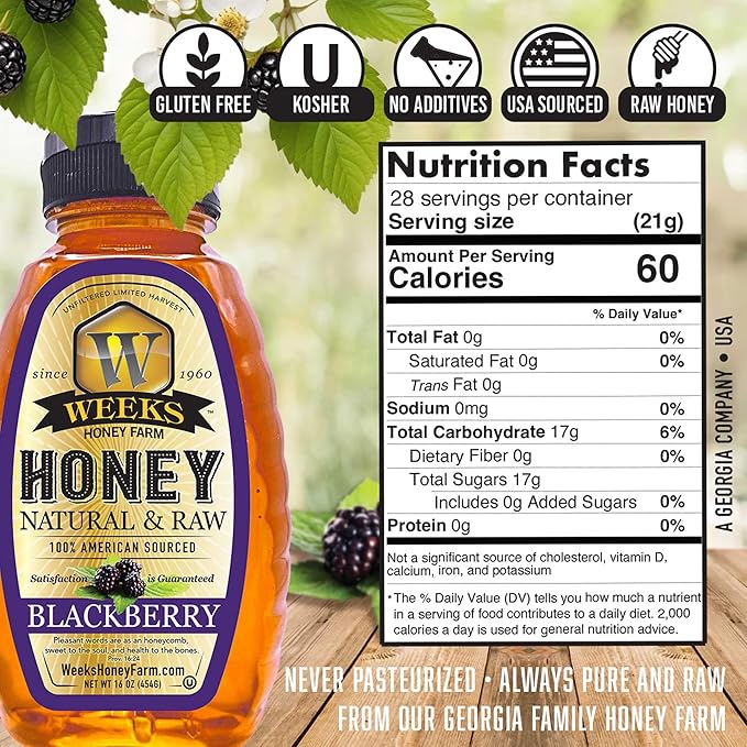Group WHF Blackberry Honey - Weeks pure raw &amp unfiltered American blackberry honey is kosher certified and gluten-free - since 1960 (16 oz 3 Pack)