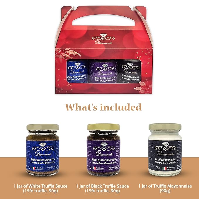 Diamante Italy Truffle Sauce Gift Box Set (3 jars x 90g) Including: 1pc of 15% White Truffle Sauce 90g 1pc of Truffle Mayonnaise 90g 100% Made in Italy