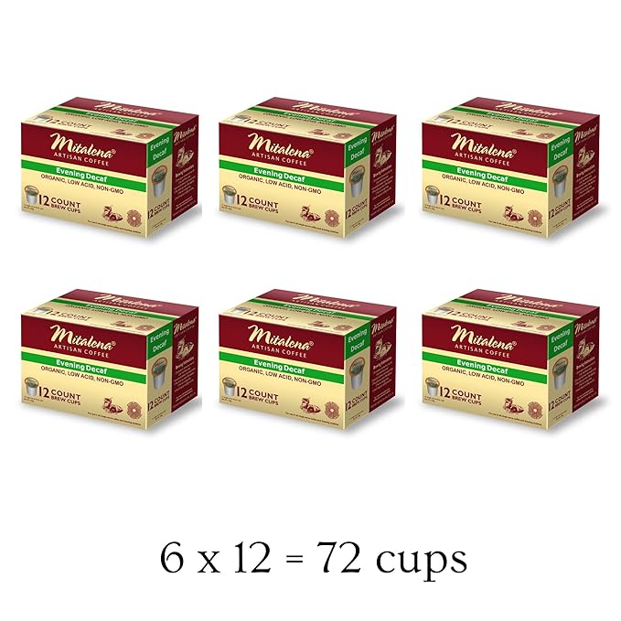 Mitalena Artisan Coffee - Evening Decaf Organic Low Acid Coffee Pods Water Process Naturally Low Acid Compatible with Keurig Coffee Maker Chemical Free Naturally Low Acid 96 K Cups