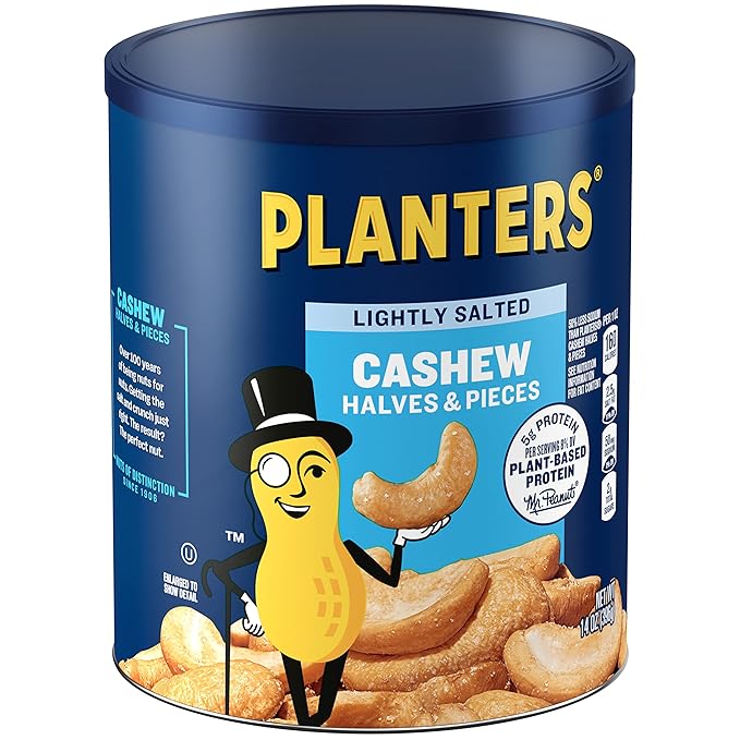 PLANTERS Lightly Salted Cashew Halves &amp Pieces 14 oz Canister (Pack of 3) Cashews Roasted in Peanut Oil with Sea Salt Snacks for Adults Resealable Lid for Long-Lasting Freshness Kosher