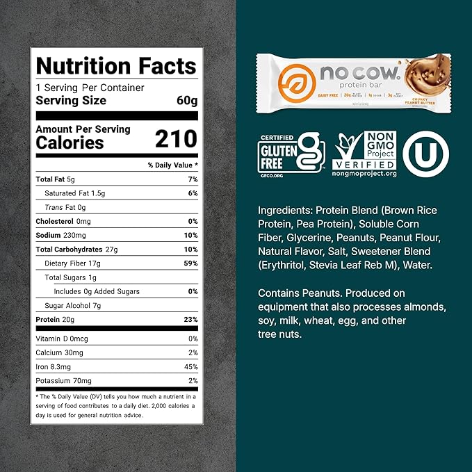 No Cow Vegan Protein Bars Upgraded Chunky Peanut Butter | 20g Plant Based Protein Gluten Free Dairy Free Soy Free Keto Friendly Low Sugar High Fiber Snack Bars | Pack of 12