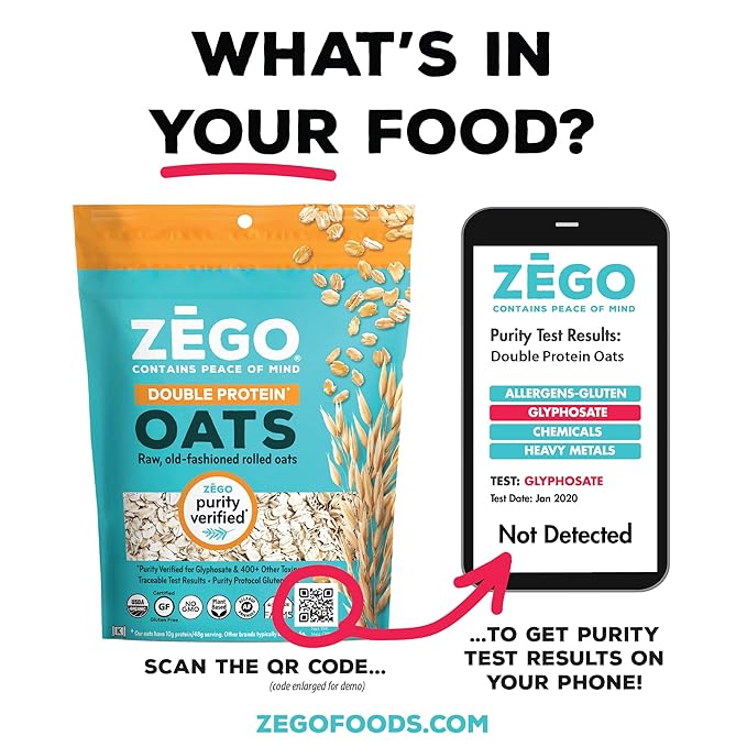 ZEGO Double Protein Raw Oats Organic Purity Protocol Gluten Free GIyphosate Free 14oz Bags 5 Bags (70oz ttl) RAW: FOLLOW PREP INSTRUCTIONS CAREFULLY