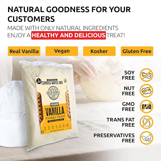 OldSoul Professional Corndog Waffle Mix | GLUTEN FREE &amp VEGAN | Vanilla Flavour | 30 Lbs | 840 Waffles (30 Lbs Gluten Free &amp Vegan)