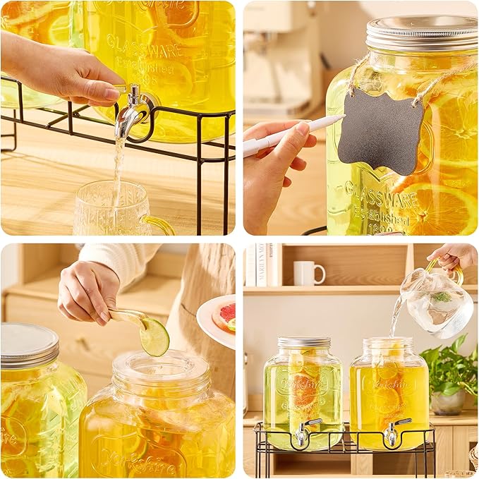 1.5 Gallon Glass Drink Dispensers for Parties 2PACK Beverage Dispenser with Stand Ice Cylinder and Stainless Steel Spigot 100% Leakproof Beverage Dispenser for Lemonade Sun Tea