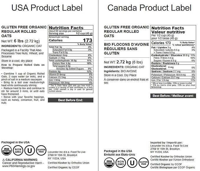 Food to Live Gluten Free Organic Regular Rolled Oats 6 Pounds – Non-GMO Old-Fashioned 100% Whole Grain Vegan Bulk. Rich in Fiber. Great for Oatmeal Cereal Granola Cookies. Made in USA
