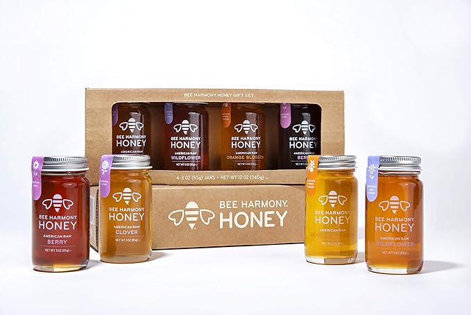 Bee Harmony Classic Honey Flight Mini Honey Gift Set 4 Jars 3 OZ Each Premium Raw Made in the USA