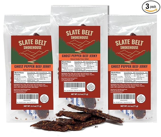 Slate Belt Smokehouse Ghost Pepper Jerky Spicy Beef Jerky with Hot Peppers 2.5 Ounce Pack of 3