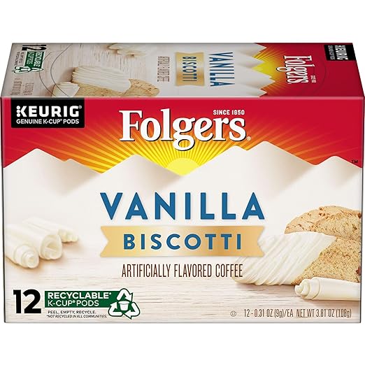 Folgers Vanilla Biscotti Flavored Coffee 12 K Cups for Keurig Coffee Makers