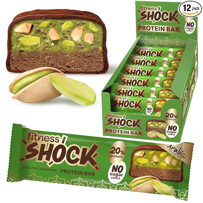 FitnesSHOCK Protein Bars – Pistachio &amp Dark Chocolate – Low Sugar Protein Snack (1g Total Sugar) – Dessert Alternative – 12 Count – 180 Calories – 12x50g