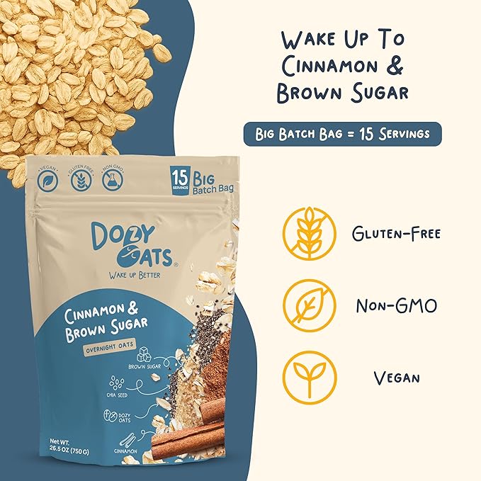 Dozy Oats Overnight Oatmeal 15-Serving Big Batch Bag. Gluten-Free Natural Source of Protein and Fiber Cinnamon and Brown Sugar 750g