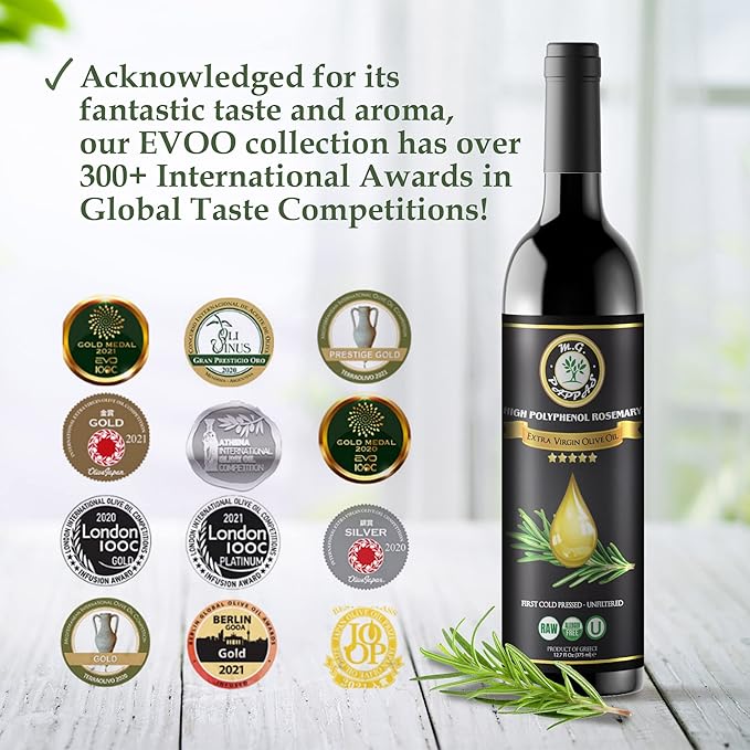 M.G. PAPPAS Rosemary Infused Olive Oil - High Polyphenol Rich Extra Virgin Olive Oil Unfiltered - Over 500mg/Kg - Cold Pressed Greek EVOO Award Winning - Rosemary Oil Cooking 12.7 Oz