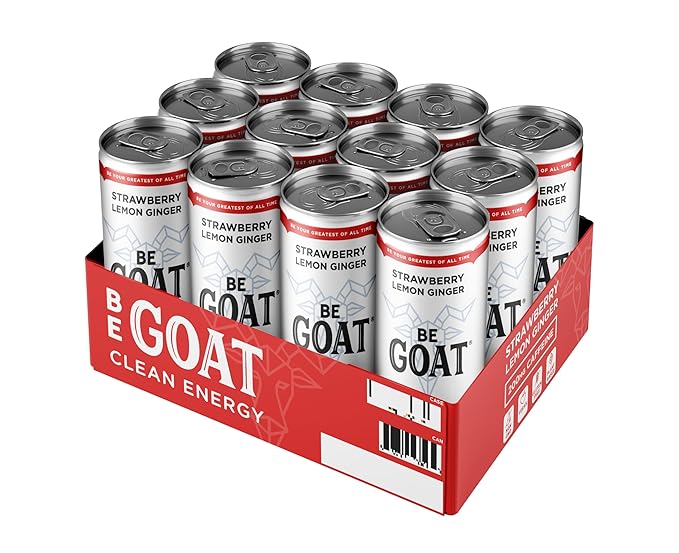 BeGOAT Clean Energy | Strawberry Lemon Ginger | 6 Ingredients Plant-Based Non-GMO Vegan | 200mg Natural Caffeine | 12 fl oz Cans (Pack of 12)