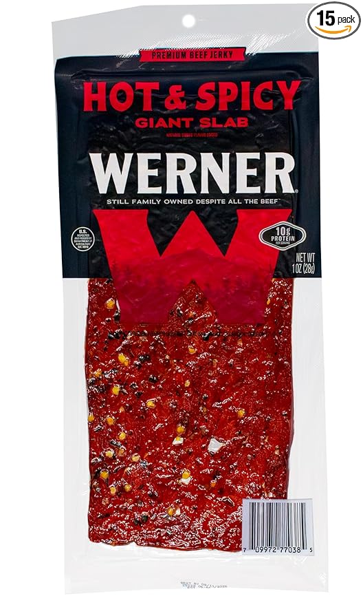 Werner Beef Jerky Slab Pack of 15-1 Ounce Individually Wrapped Meat Snacks (Hot &amp Spicy)