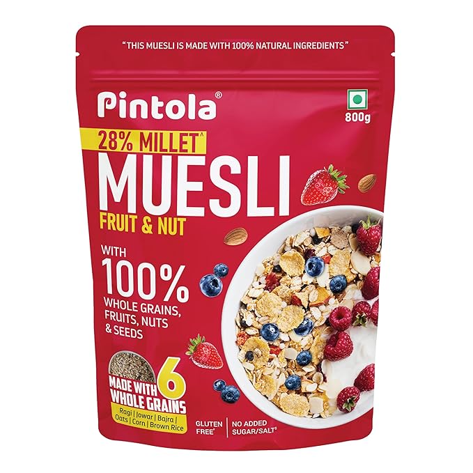 Pintola Fruit &amp Nut Muesli with 28% Millet &amp 68% Wholegrains (800g) Healthy-Fruity Breakfast cereal with 6 nuts dried fruits &amp Dates No Preservatives No added sugar|Rich in Dietary Fib