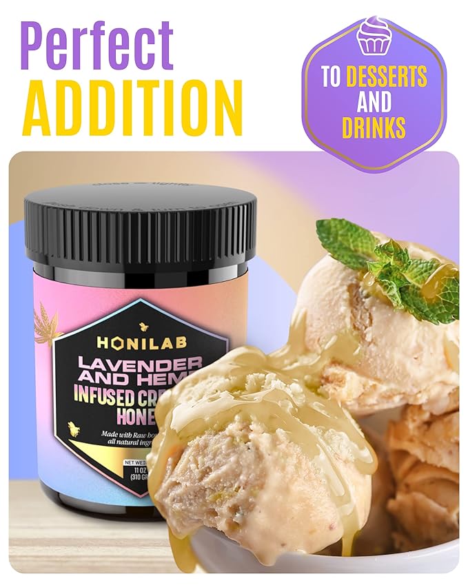 Spun Honey Lavender &amp Hemp Infused Creamed Honey - OU Kosher Certified - Natural &amp Pure Blend - No Added Flavors Independent Testing for Purity and Potency Whole Ingredients - 11 Oz. Jar