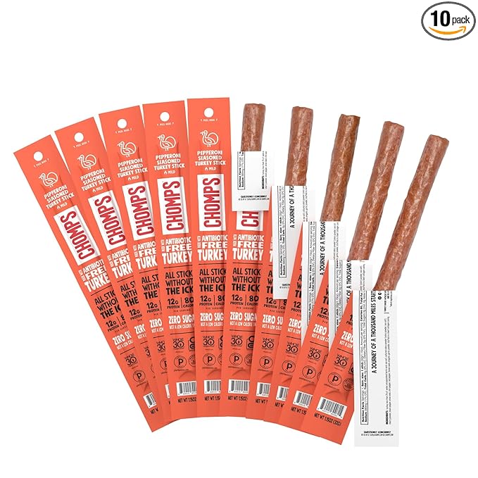 Chomps Pepperoni Turkey Jerky Meat Snack Sticks 10-Pack - Keto Paleo Low Carb Whole30 Approved 12g Lean Meat Protein Gluten Free Antibiotic Free Zero Sugar Food