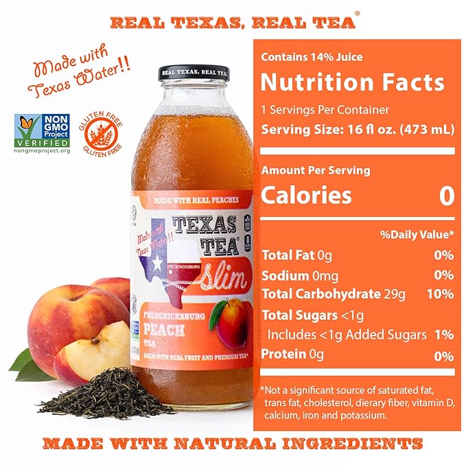 Texas Tea SLIM Fredericksburg Diet Peach Tea – Zero Calories Reduced Sugar Organic Black Tea with Real Texas Peaches Small-Batch Brewed 12-Pack 16oz Glass Bottles Southern Sweet Iced Tea