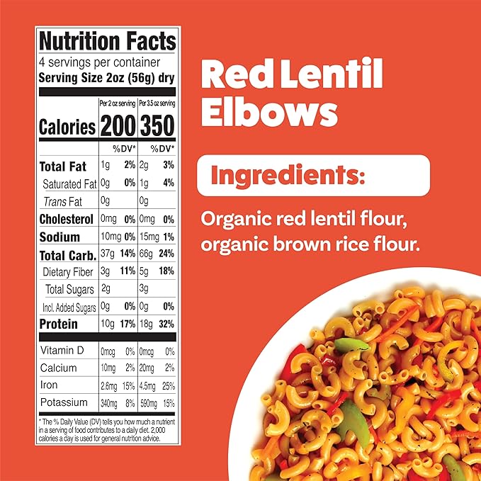 Explore Cuisine Organic Red Lentil Elbows- High Protein &amp Fiber Gluten Free Pasta Easy to Make - Organic Non GMO - 24 Total Servings 8 Ounce (Pack of 6) | Only 2 ingredients