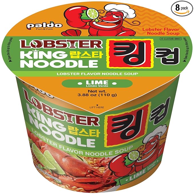 Paldo Fun &amp Yum Lime Lobster Instant Big Cup Noodles with Soup Lime Lobster Seafood Flavor Based Broth Best Oriental Style Original Korean King Cup Ramyun 3.88oz (Pack of 8)