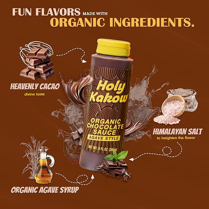 Holy Kakow Organic Chocolate Sauce - Organic Chocolate Syrup Sweetened with Agave Gluten Free Real Food Ingredients Use for Hot or Iced Drinks - 8oz 2-Pack