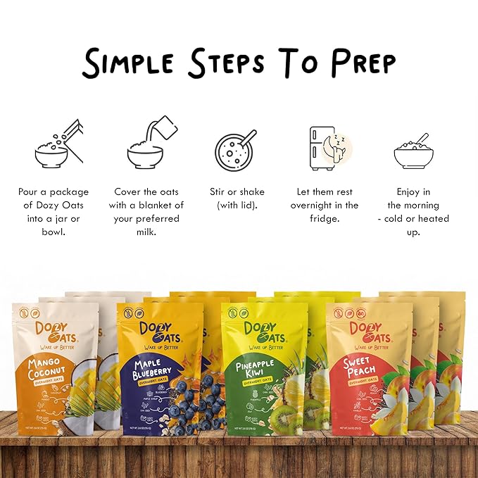 Dozy Oats Overnight Oatmeal Packets Fruity Faves Variety Box with Rolled Oats Chia Seeds Date Powder and Dried Fruit. Gluten-Free Natural Source of Protein and Fiber 12-Pack