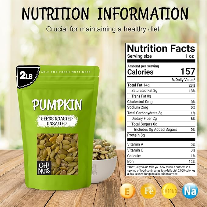 Oh! Nuts Pumpkin Seeds - Roasted Unsalted - 2 lb - No Shell Pepitas - Packed in New York Zip-Seal Bag for Exceptional Freshness
