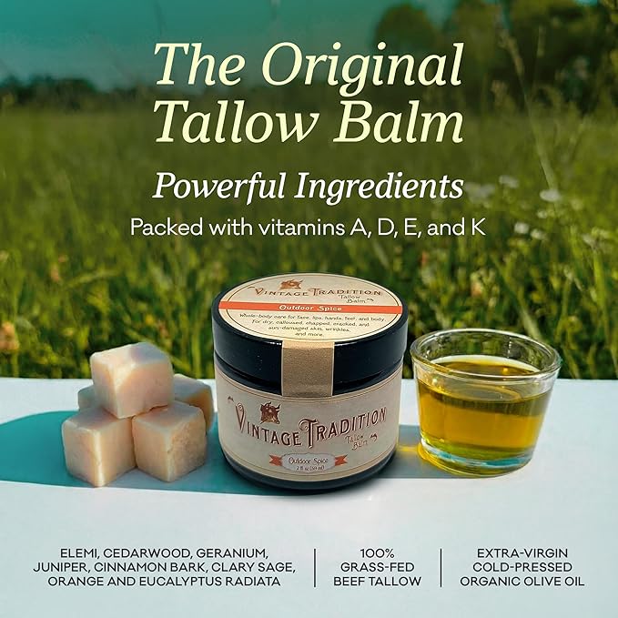 Vintage Tradition Beef Tallow All Purpose Balm - Healing Hydrating Spice Oils Skin Care Salve Replaces Body Lotion Hand Cream More - Essential Oil Olive Oil and Grass-Fed Tallow 2 fl. oz.