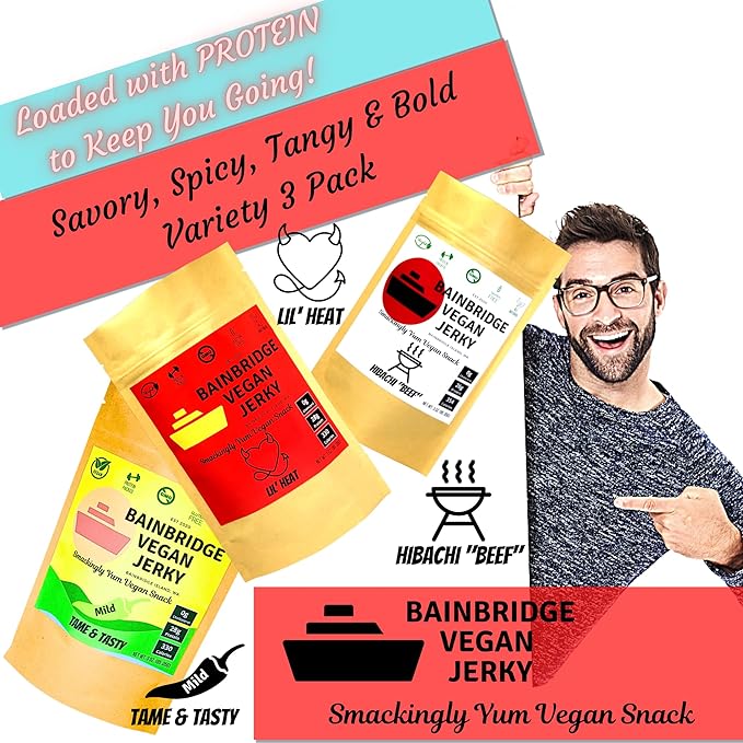 Bainbridge Vegan Jerky – Variety Pack: Tame &amp Tasty Lil' Heat Hibachi Beef Vegan Jerky Plant Based Snacks All Natural Non-GMO Gluten Free Vegan Meat/Vegetarian Jerky 3 oz (Pack of 3)