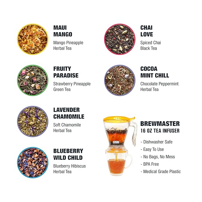 Tiesta Tea Ultimate Live Loose Leaf Kit Tea Starter Kit with High to Non-Caffeinated Blends Hot &amp Iced Brews Includes Black Green Herbal Sample Bags and 16oz Brewmaster Dispensing Infuser