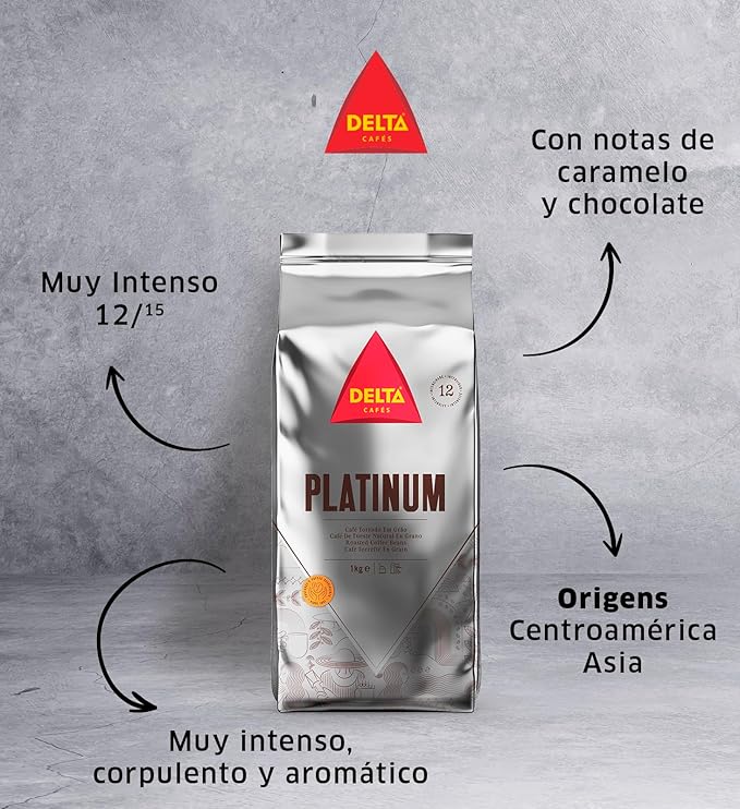Delta Cafés Platinum Whole Bean Coffee 1kg/35.2oz Intensity 12 Arabica &amp Robusta Blend - Aromatic and Roasted Nuts Notes Espresso Beans