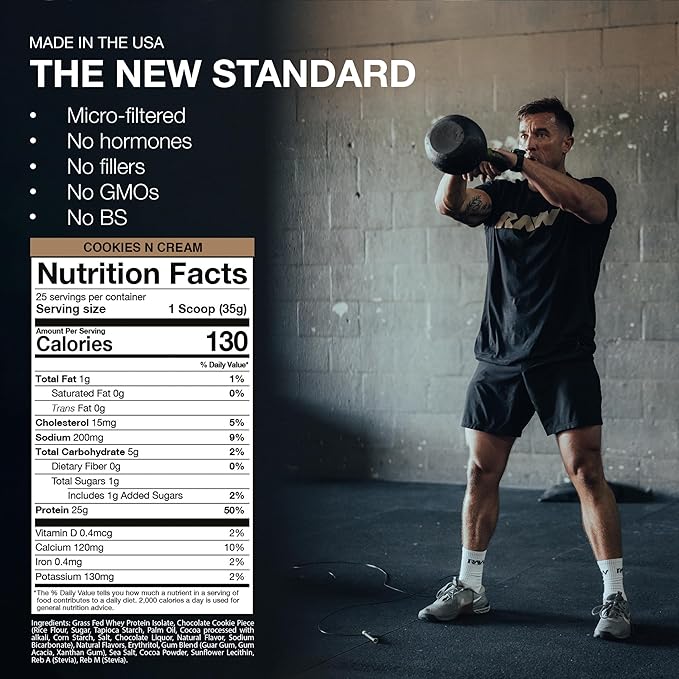 RAW Whey Isolate Protein Powder Cookies N Cream - 100% Grass-Fed Sports Nutrition Protein Powder for Muscle Growth &amp Recovery - Low-Fat Low Carb Naturally Flavored &amp Sweetened - 25 Servings
