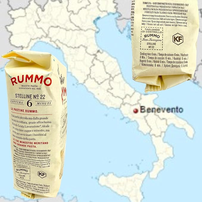 Rummo Stelline Pasta Stars from Italy 1.1 lb. (500g)(Pack of 2) Pastina Pasta Stars - Stellini - Similar to Ditalini Anellini Anelletti - Tubetti Rings - Soup - Tiny Star - Bronze Cut - Slow Dried