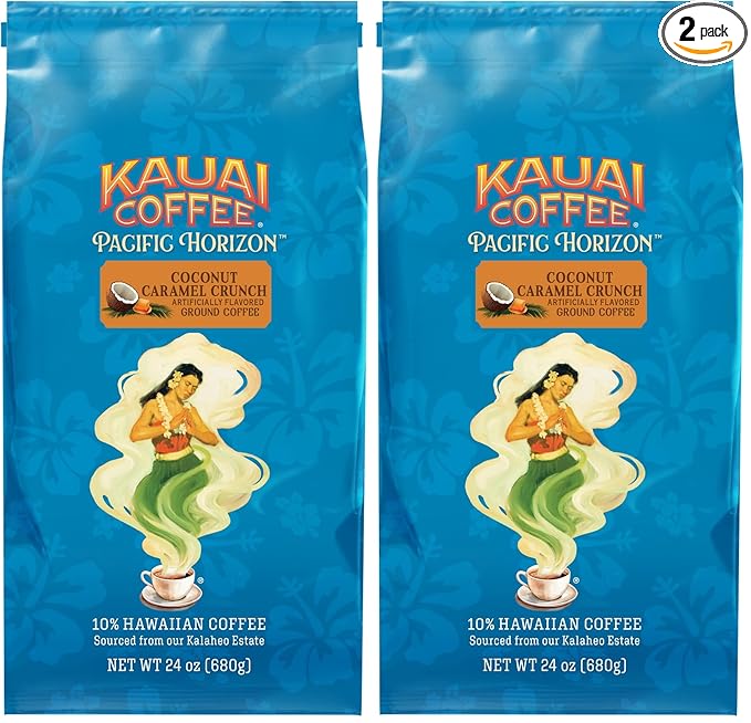 Kauai Coffee Ground Coffee – Smooth Rich Medium Roast – Nutty Caramel and Tropical Coconut – Arabica Coffee 10% Hawaiian with No Bitterness – Coconut Caramel Crunch 2 Pack of 24oz