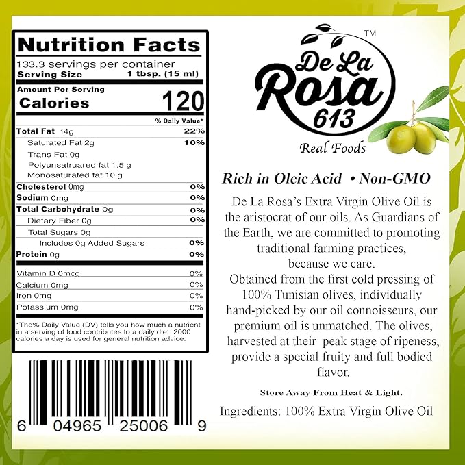 De La Rosa Extra Virgin Olive Oil First Cold Pressed Vegan Kosher Non-GMO &amp Gluten-Free Fruity &amp Full-Bodied Great for Salad Dressings &amp More Olive Oil Extra Virgin 2 Liter (Pack of