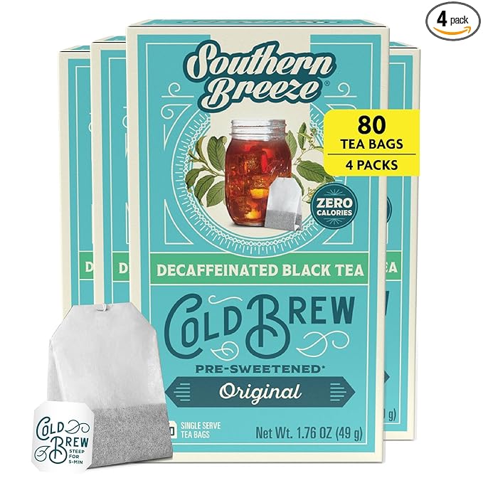 Southern Breeze Decaf Cold Brew Sweet Tea Original Iced Tea with Black Tea and Zero Carbs Zero Sugar 20 Individually Wrapped Tea Bags Pack of 4
