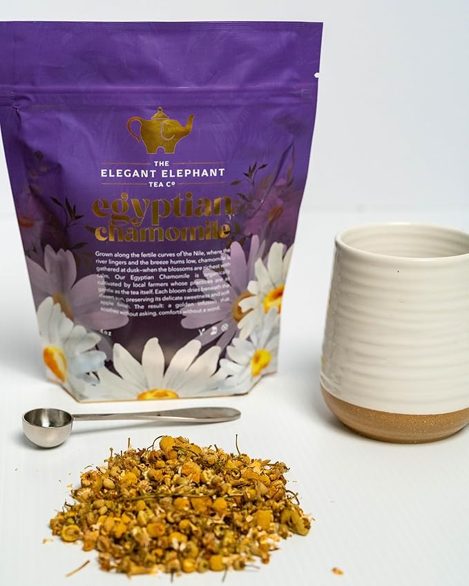 Egyptian Chamomile Tea Organic Loose Leaf Herbal Tea – Cozy Calming – Supports Stress Relief Relaxation &amp Sleep – 4 oz Resealable Bag (Makes 50 Cups) – The Elegant Elephant